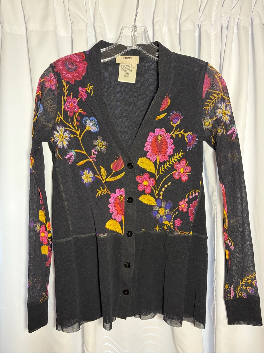 FUZZI Black V-Neck Cardigan With Floral Design size S